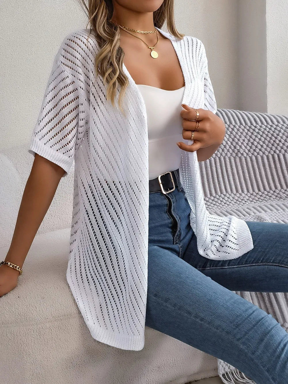 Openwork Open Front Half Sleeve Cardigan - Fashorio