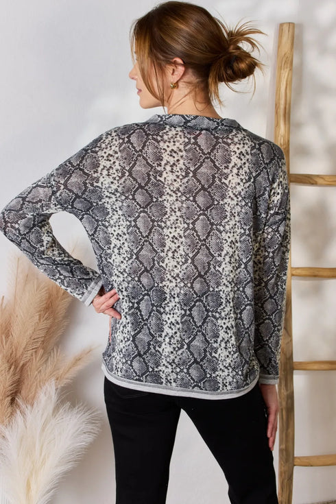 Hailey & Co Full Size Snakeskin V-Neck Long Sleeve Top - Fashorio