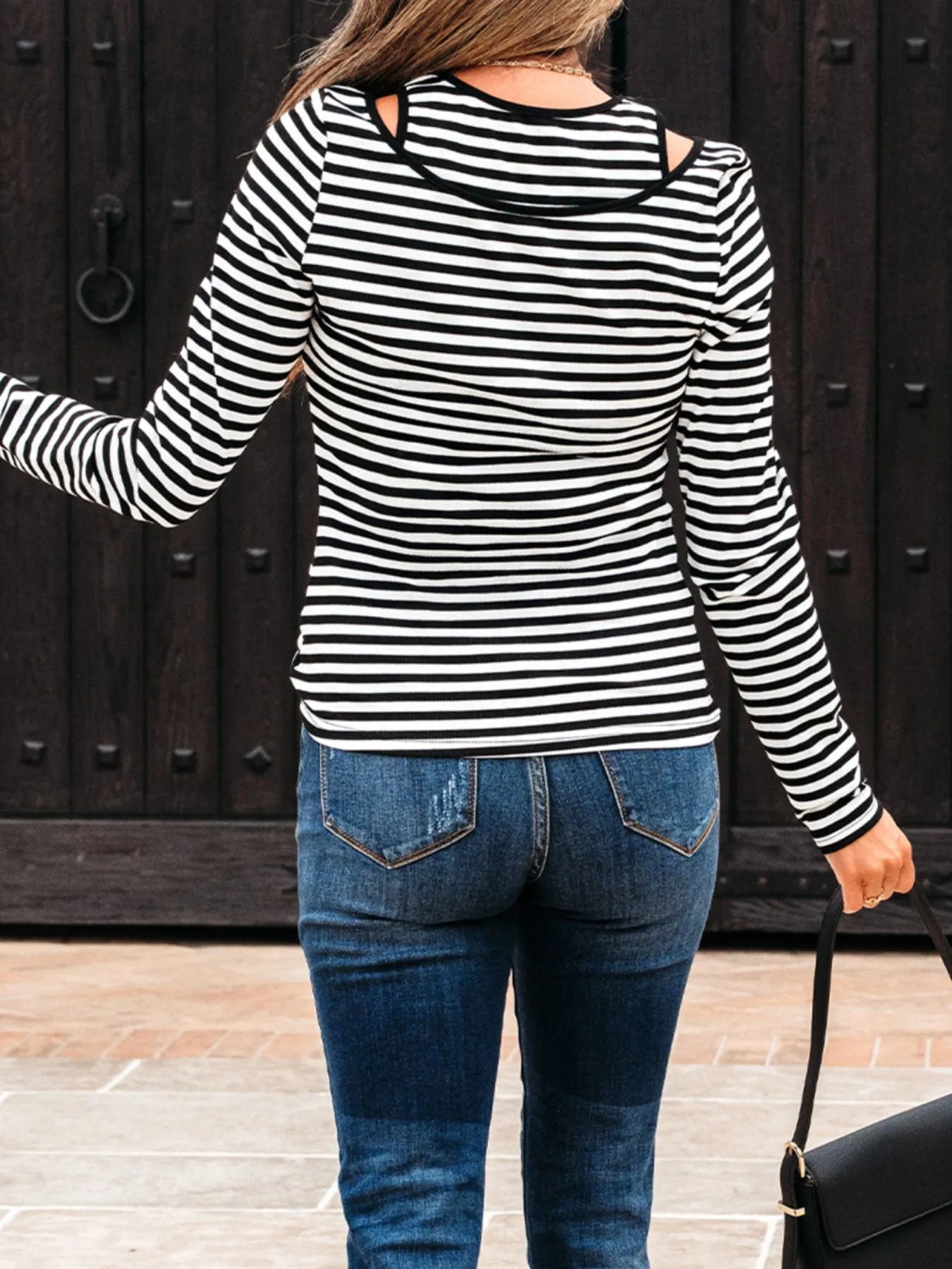 Stripe Double-layer Cold Shoulder Long Sleeve Top - Fashorio