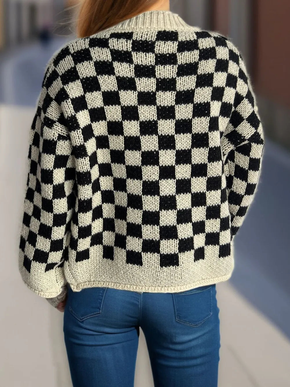 Checkered Button Up Round Neck Cardigan - Fashorio