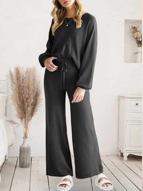 Long Sleeve Lounge Top and Drawstring Pants Set Black - Fashorio