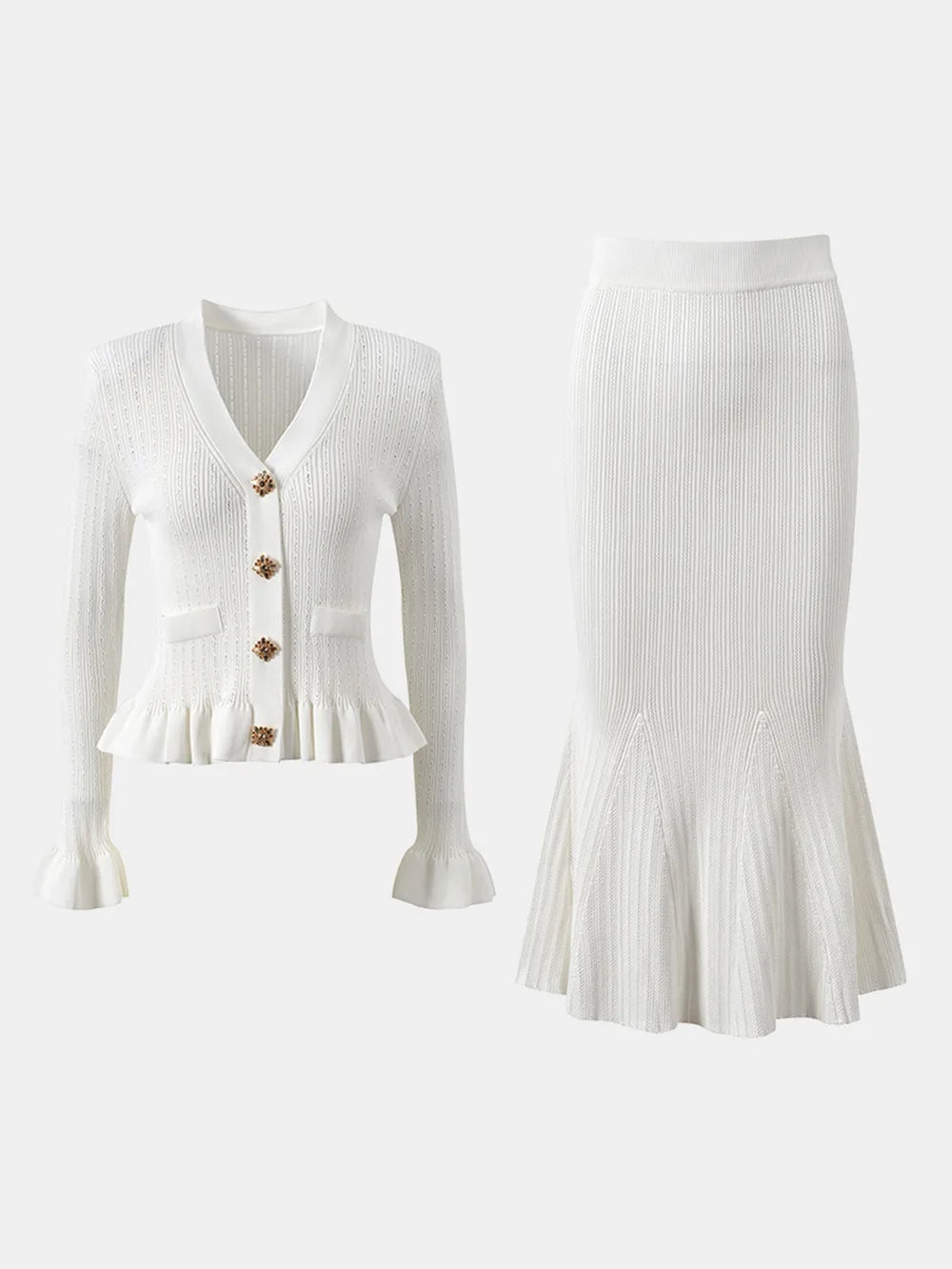 Ruffled V-Neck Top and Midi Skirt Sweater Set - Fashorio