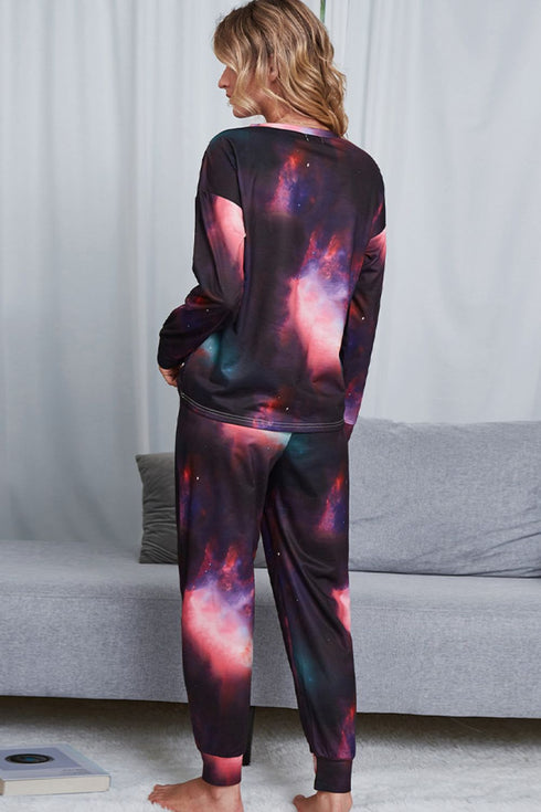 Shiny Tie-Dye Crewneck Top and Drawstring Waist Joggers Lounge Set - Fashorio