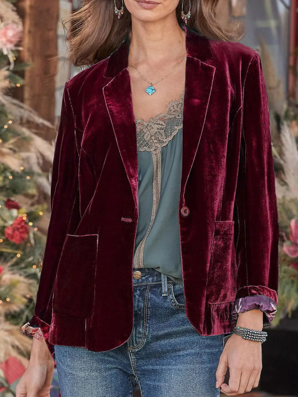 Pocketed Button Up Lapel Collar Blazer Burgundy - Fashorio