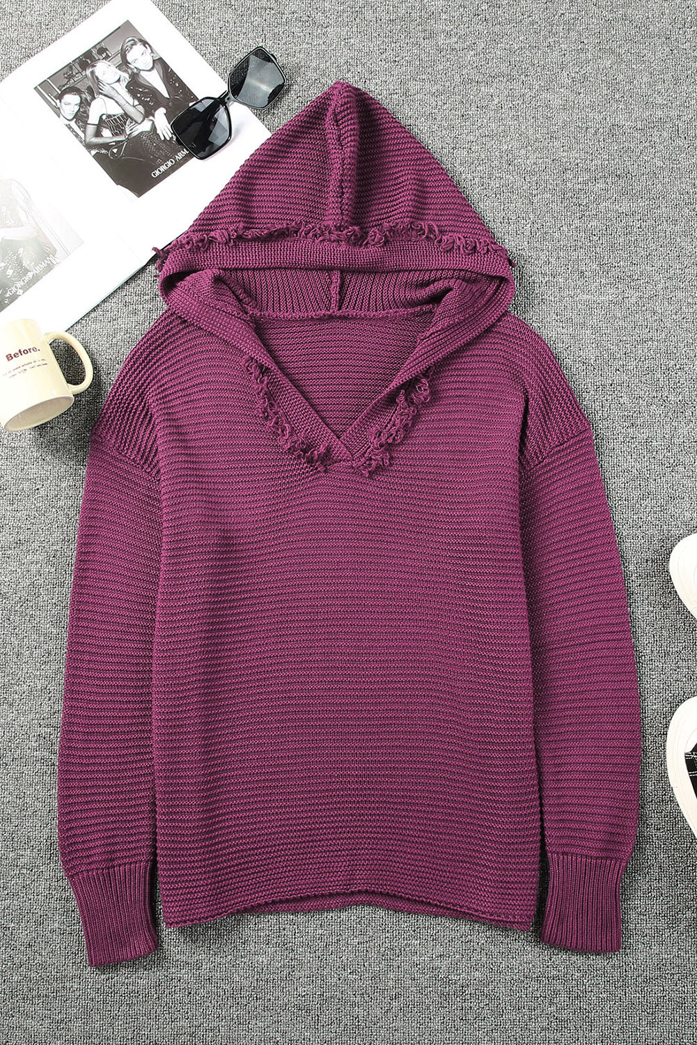 Woven Right Horizontal Ribbing Fringe Trim Hooded Sweater - Fashorio