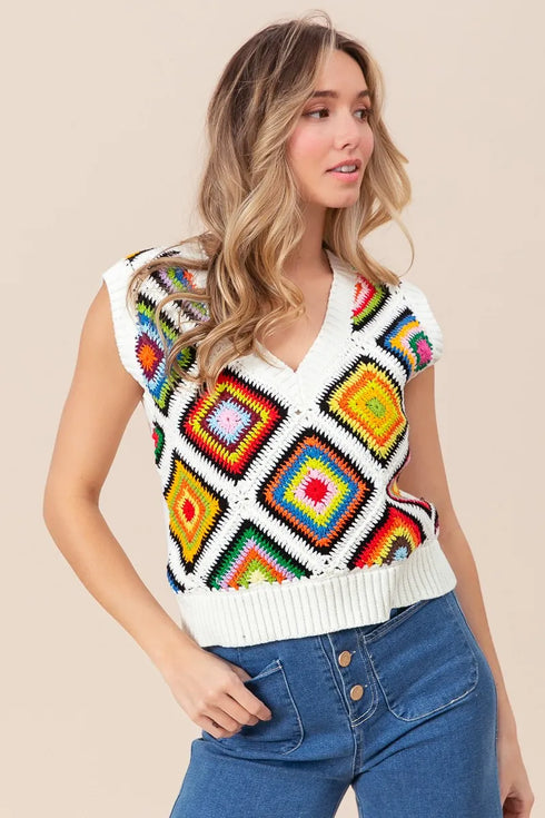 BiBi Diamond Granny Square Sweater Vest - Fashorio
