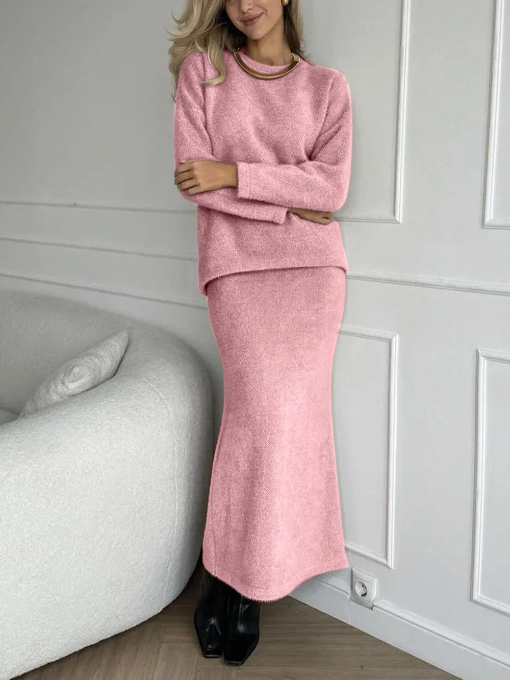 Round Neck Dropped Shoulder Top and Midi Skirt Sweater Set - Fashorio