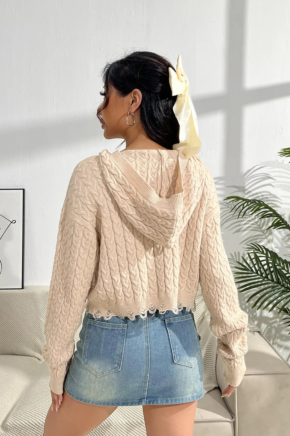 Cable-Knit Dropped Shoulder Hooded Sweater - Fashorio