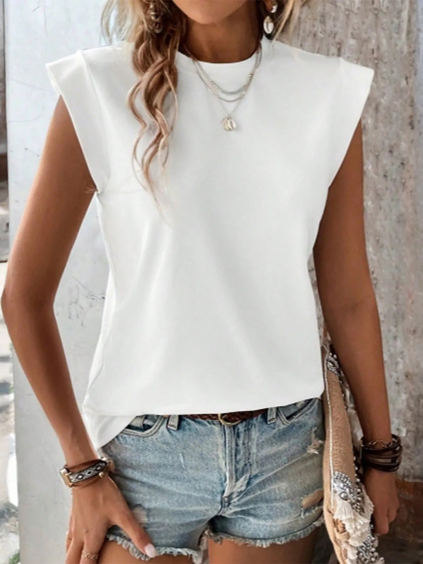 Round Neck Solid Color Top - Fashorio