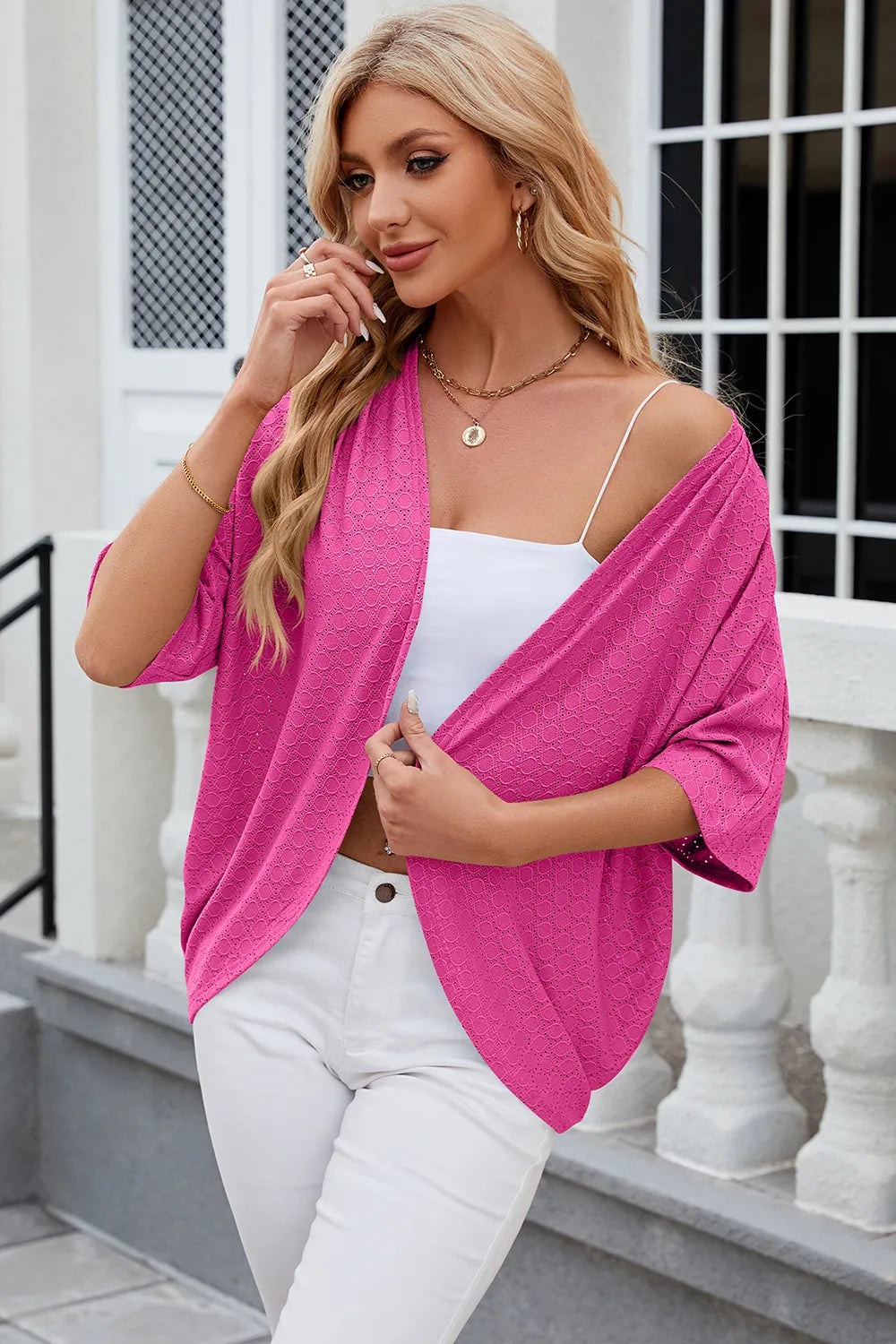 Eyelet Open Front Half Sleeve Cardigan - Fashorio