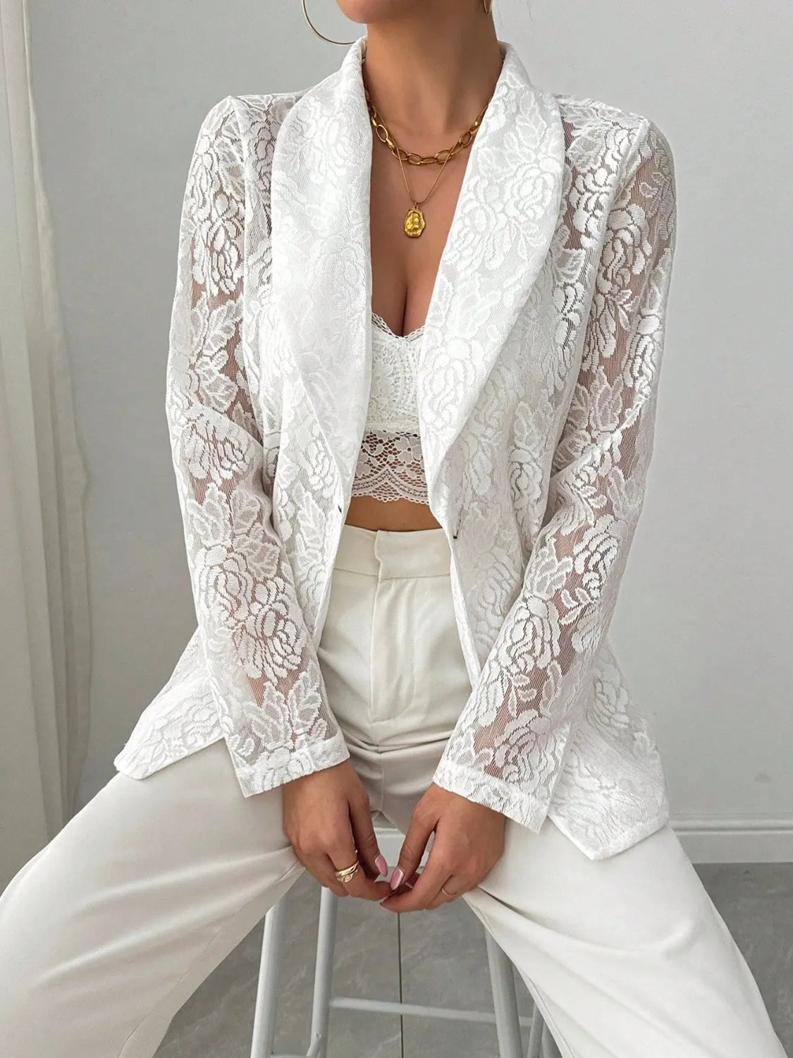 Lace Lapel Collar Long Sleeve Blazer - Fashorio