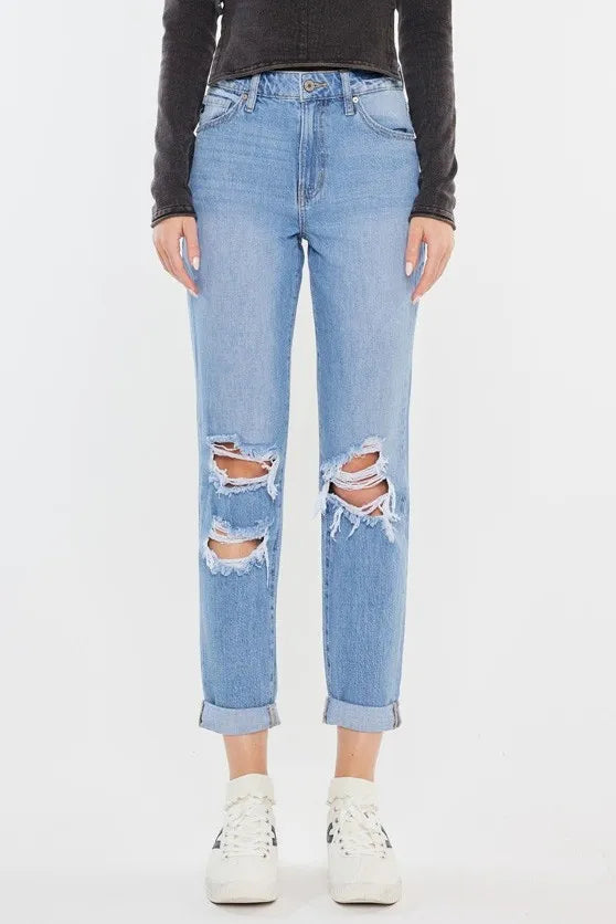 Kancan High Rise Distressed Mom Jeans LIGHT - Fashorio