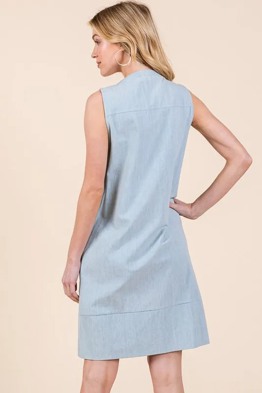 Lime 'N' Chili Denim Pintuck Detail Sleeveless Midi Dress - Fashorio