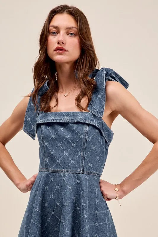 SO ME A Line Fit and Flare Diamond Bow Ribbon Denim Dres - Fashorio