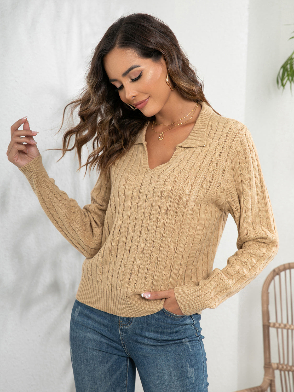 Johnny Collar Cable-Knit Long Sleeve Sweater - Fashorio