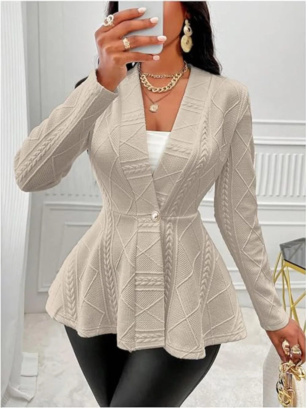 One Button Textured Peplum Cardigan - Fashorio