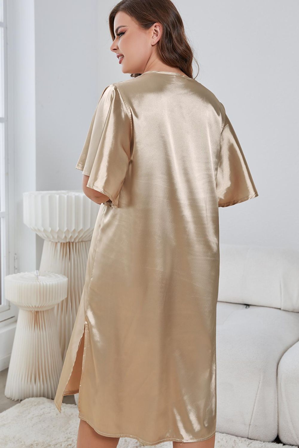 Plus Size Flutter Sleeve V-Neck Side Slit Night Gown - Fashorio