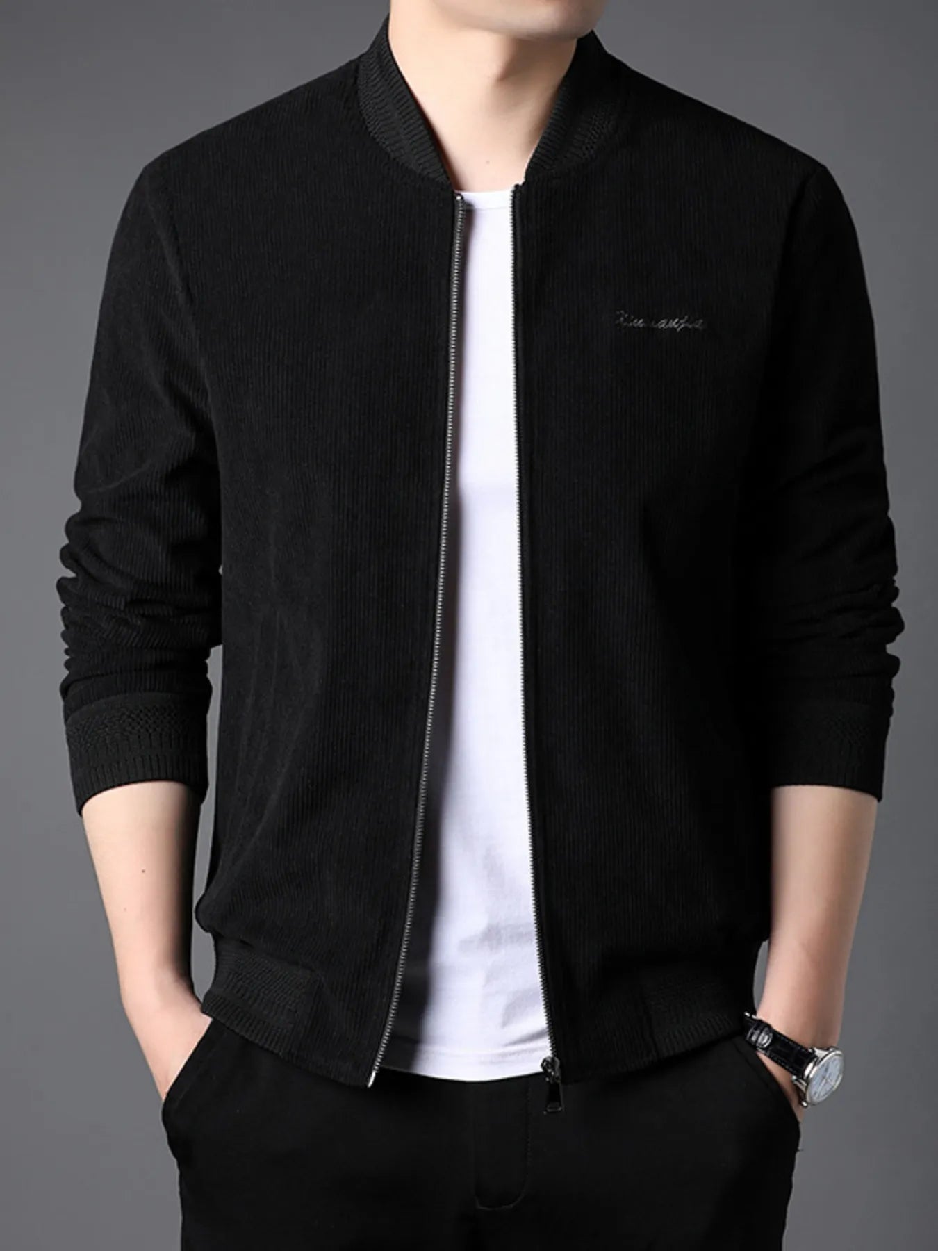 Men's Zip Up Long Sleeve Jacket Black - Fashorio