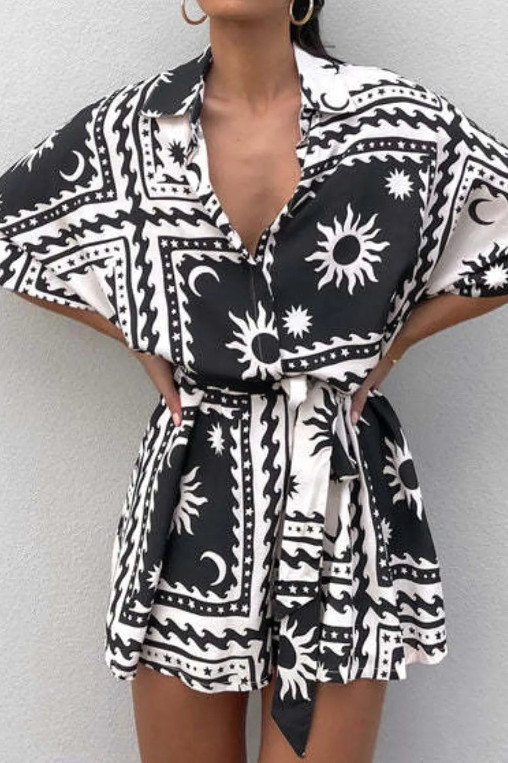 Printed Tie Waist Romper - Fashorio