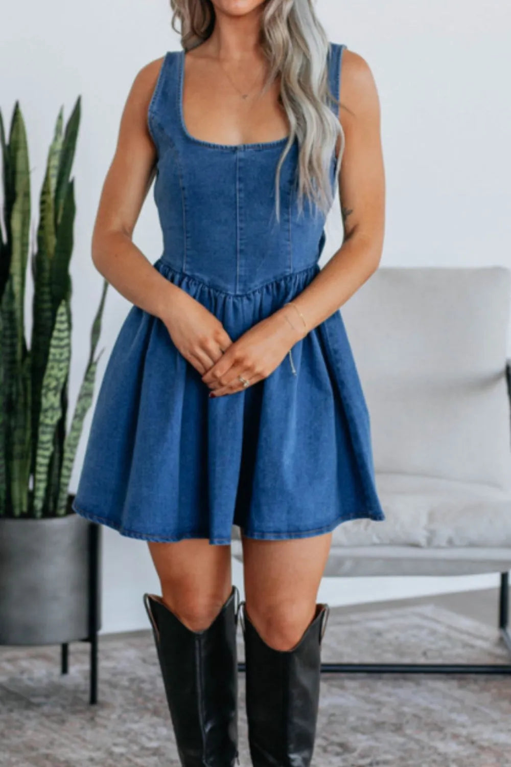 V-Back Bow Tie Denim Skater Dress - Fashorio