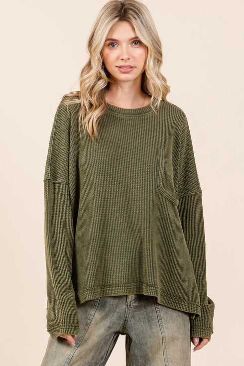 Mittoshop Mineral Wash Cutout Pocket Long Sleeve Waffle Top - Fashorio