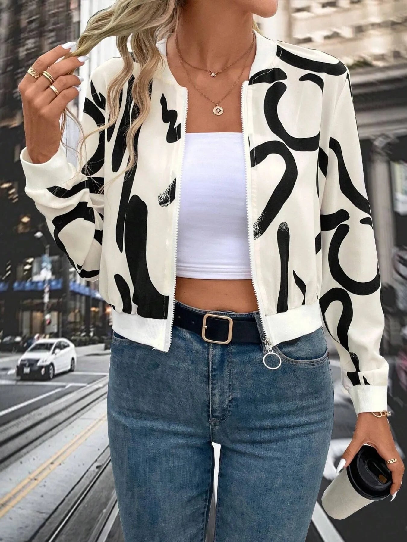Women’s Number Print Zip Up Long Sleeve Jacket - Fashorio