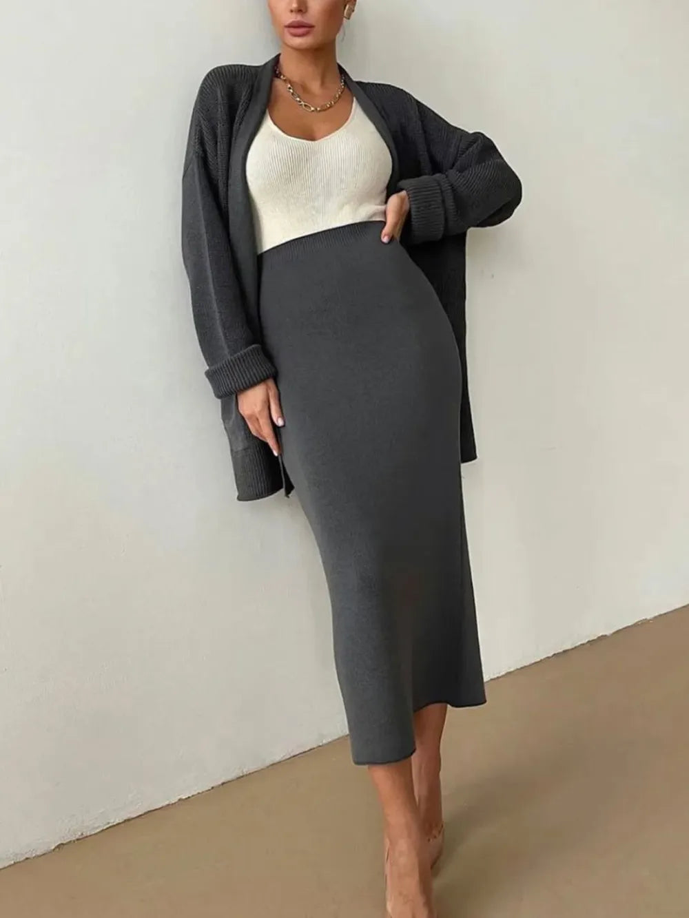 Pocketed Long Sleeve Cardigan and Skirt Sweater Set - Fashorio