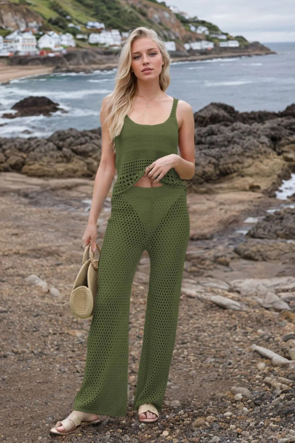 Hollow Out Round Neck Top and Pants Sweater Cover Up Set - Fashorio