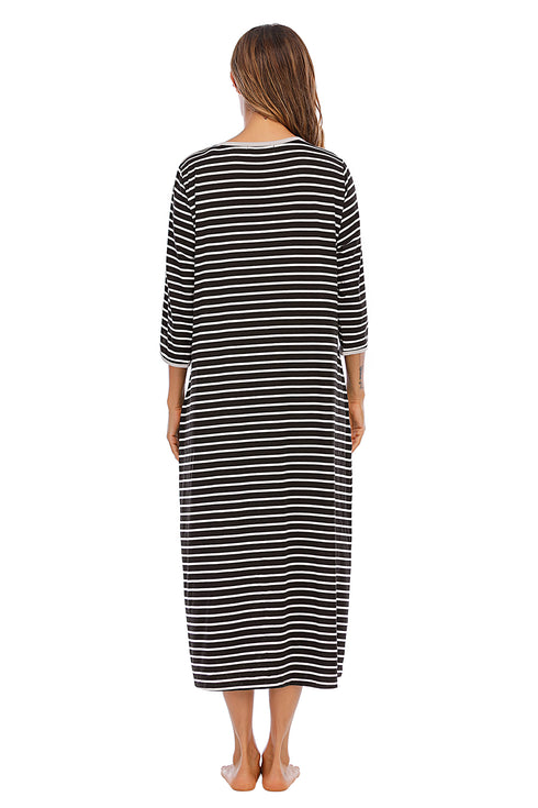 Round Neck Three-Quarter Sleeve Midi Night Dress - Fashorio