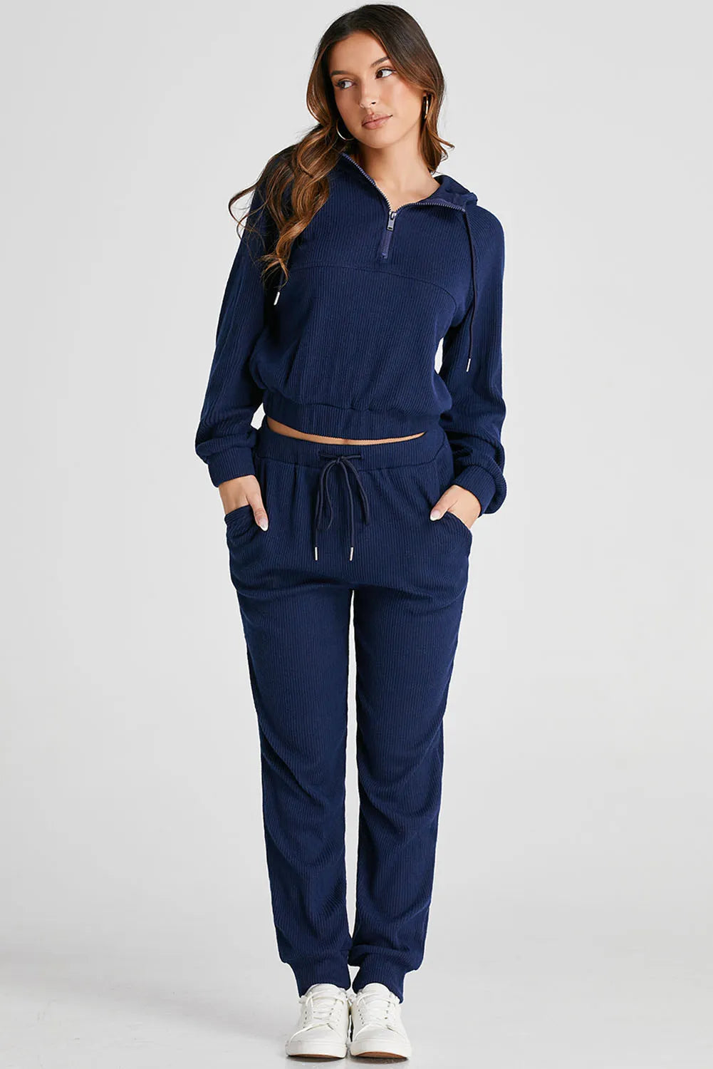 Drawstring Half Zip Hoodie and Joggers Active Set - Fashorio