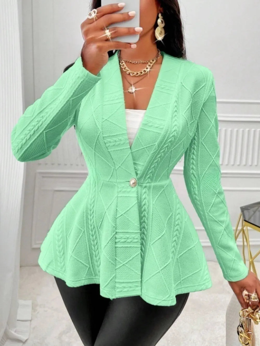 One Button Textured Peplum Cardigan Neon Green - Fashorio