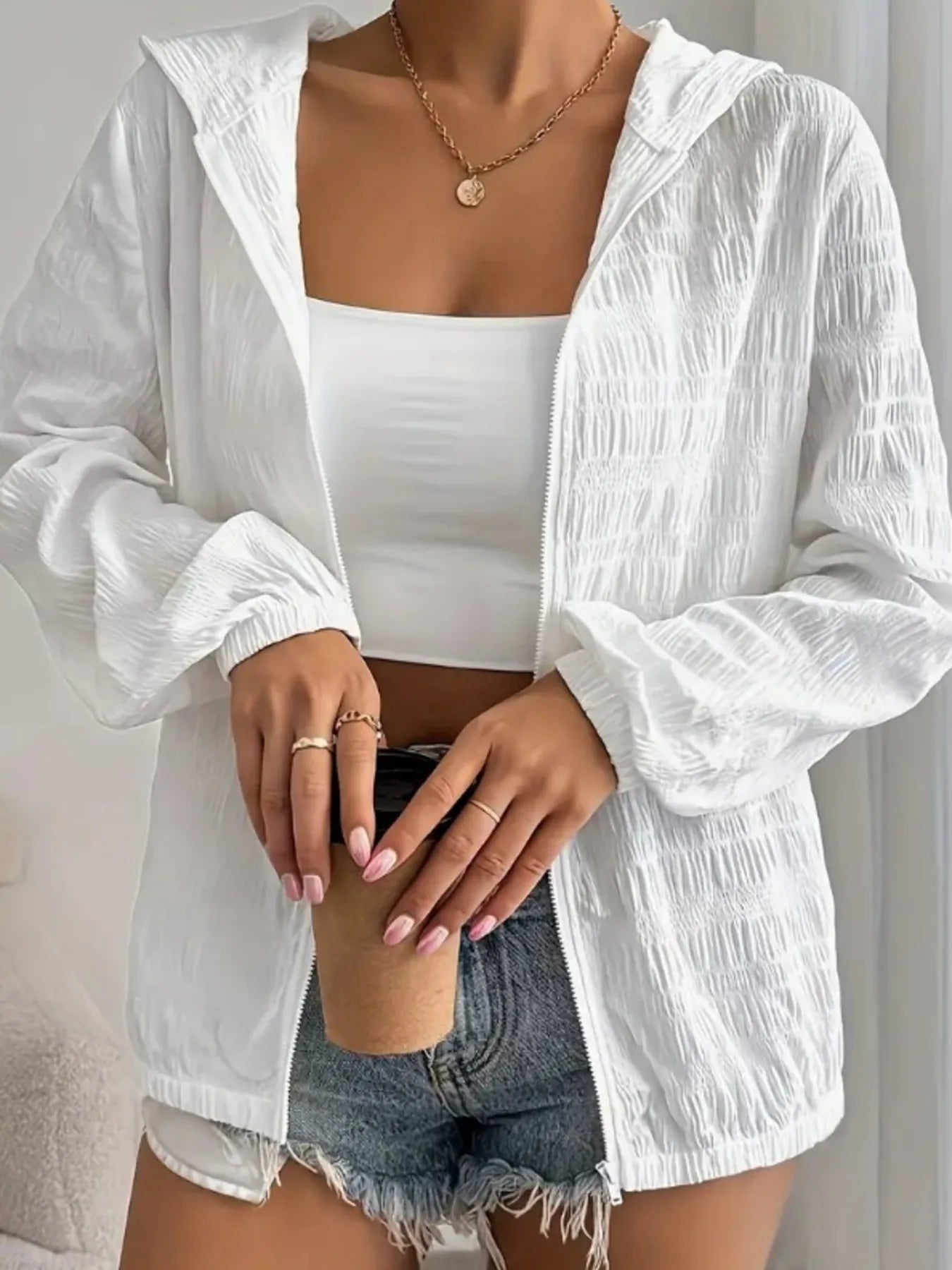 Zip Up Long Sleeve Hooded Outerwear - Fashorio