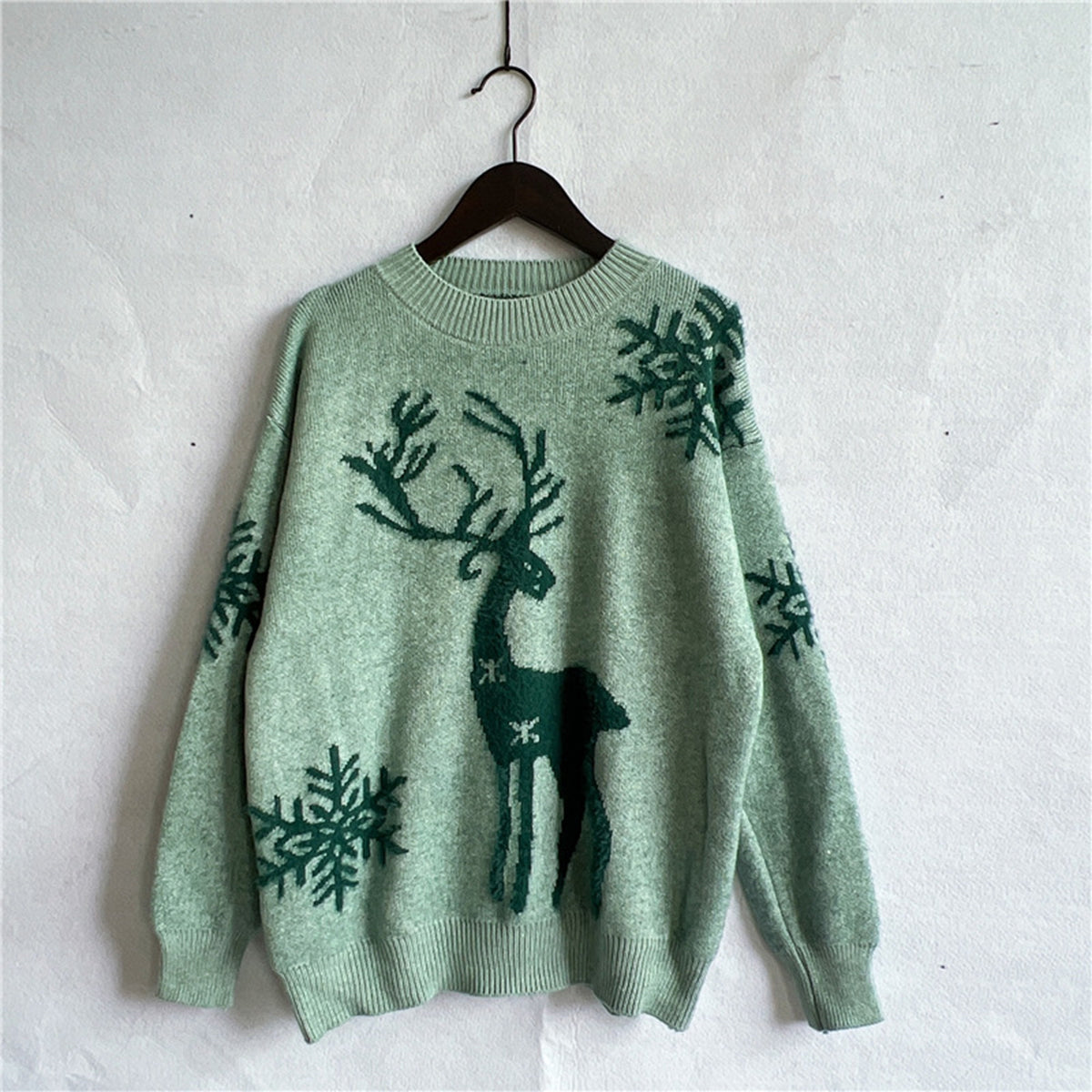 Reindeer and Snowflake Pattern Sweater Gum Leaf - Fashorio