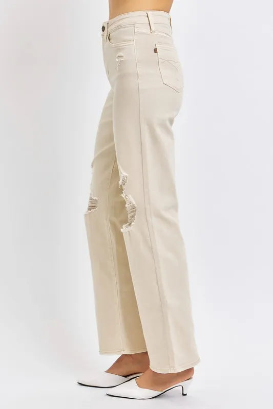 Judy Blue Full Size High Waist Distressed Wide Leg Jeans - Fashorio