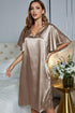 Satin Flutter Sleeve Side Slit V-Neck Night Dress Khaki - Fashorio