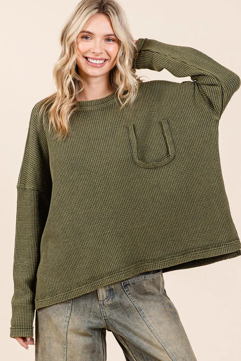 Mittoshop Mineral Wash Cutout Pocket Long Sleeve Waffle Top - Fashorio