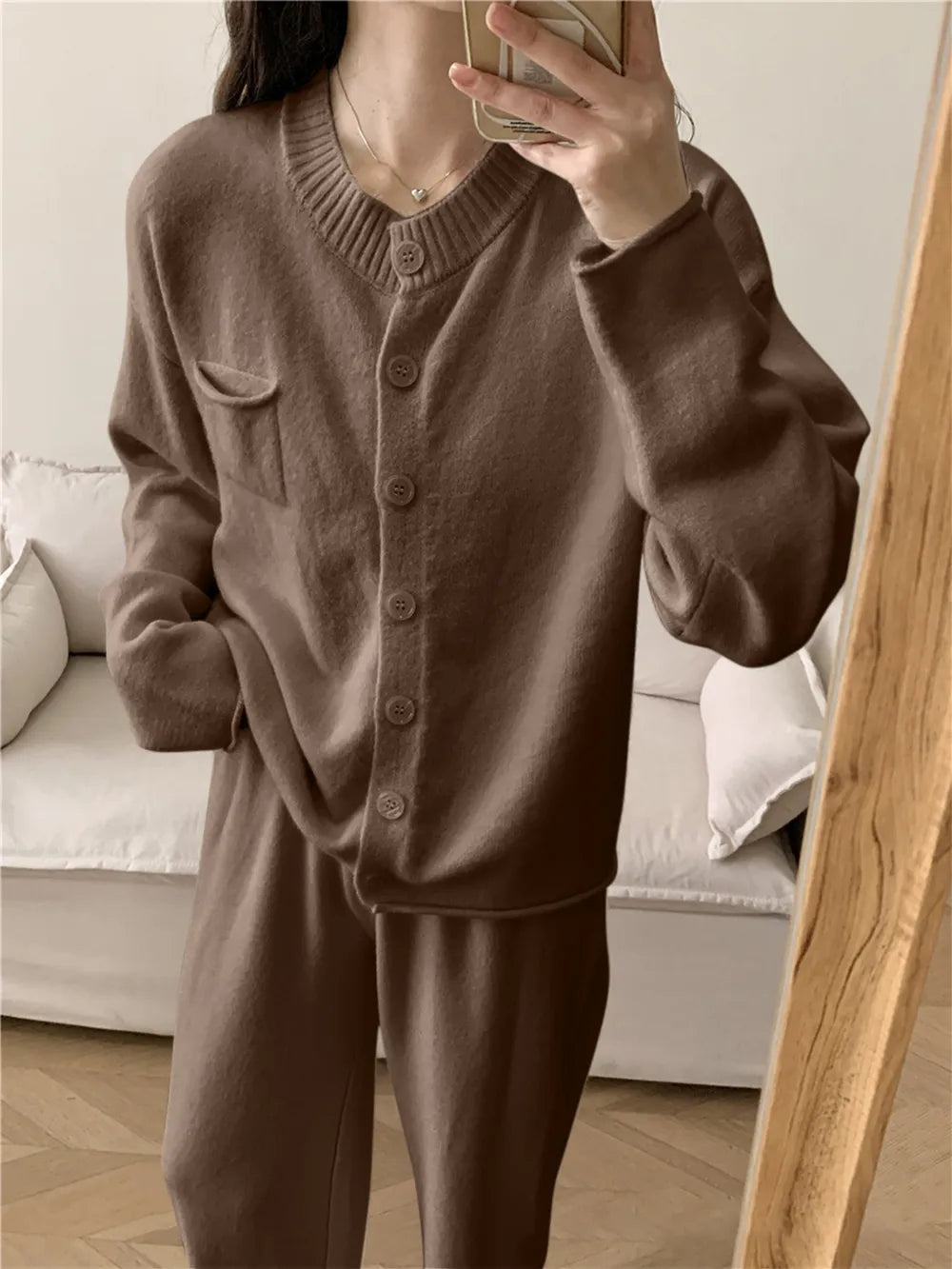 Pocketed Round Neck Button Up Cardigan and Pants Sweater Set - Fashorio