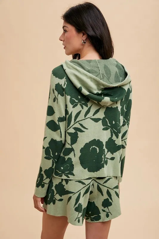 Annie Wear Flower Pattern Drawstring Hooded Top and Shorts Sweater Set - Fashorio