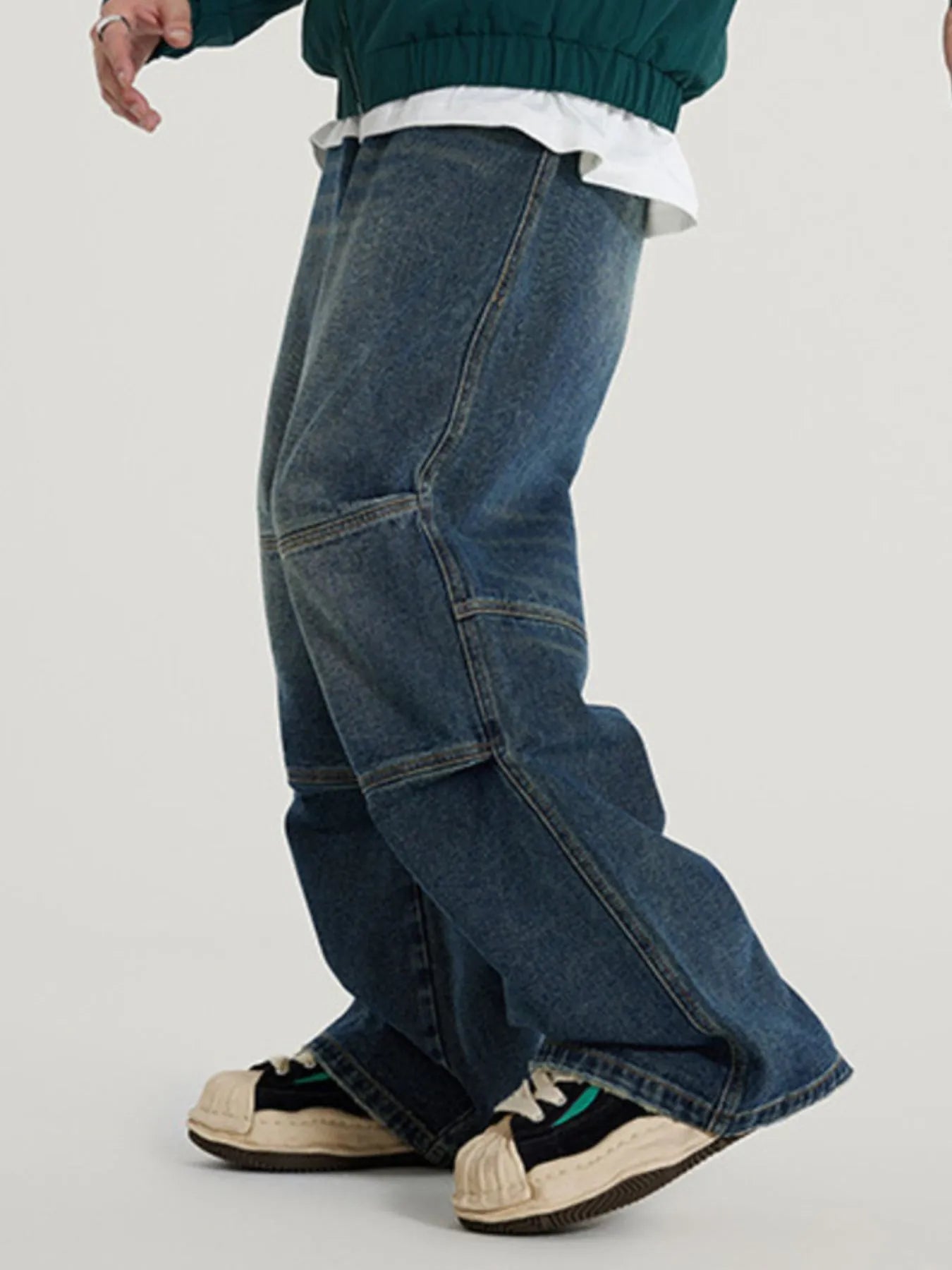 Men's Vintage Wide Leg Utility Jeans with Multi-Panel Design - Fashorio