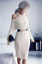 Perfee Cold Shoulder Rib-Knit Sweater Dress (Belt Not Included) Cream - Fashorio