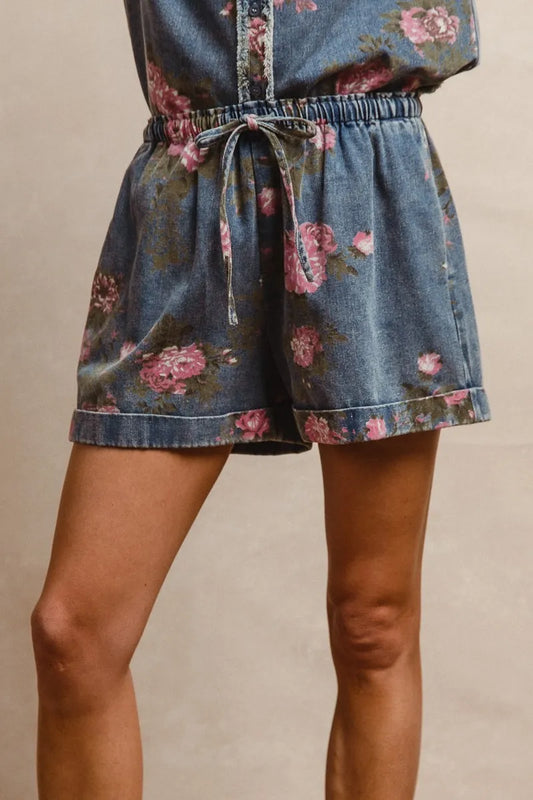 BiBi Floral Printed Denim Short Pants With Pocket DENIM - Fashorio