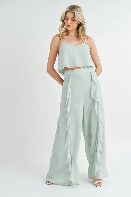 MABLE Crop Cami and Ruffled Wide Leg Pants Set Lt Mint - Fashorio