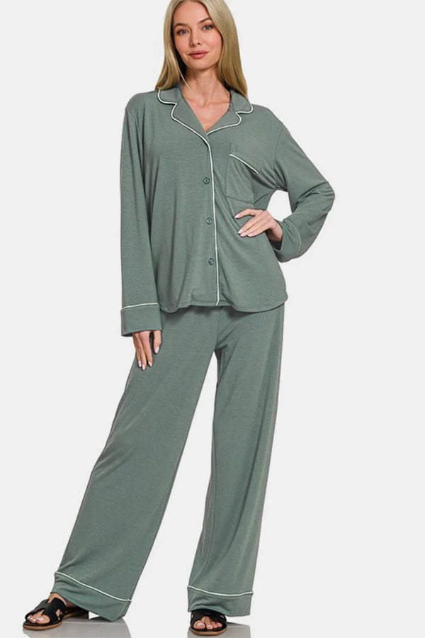 Zenana Button Down Long Sleeve Top and Pants Lounge Set Sage - Fashorio