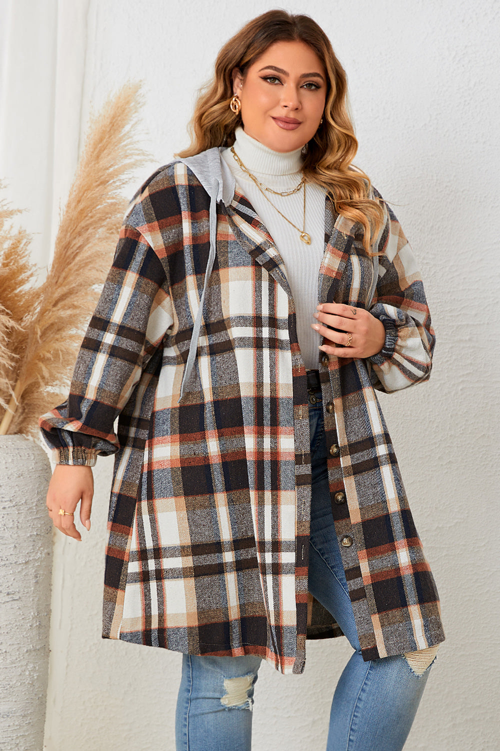 Honey Plus Size Plaid Drop Shoulder Hooded Coat - Fashorio