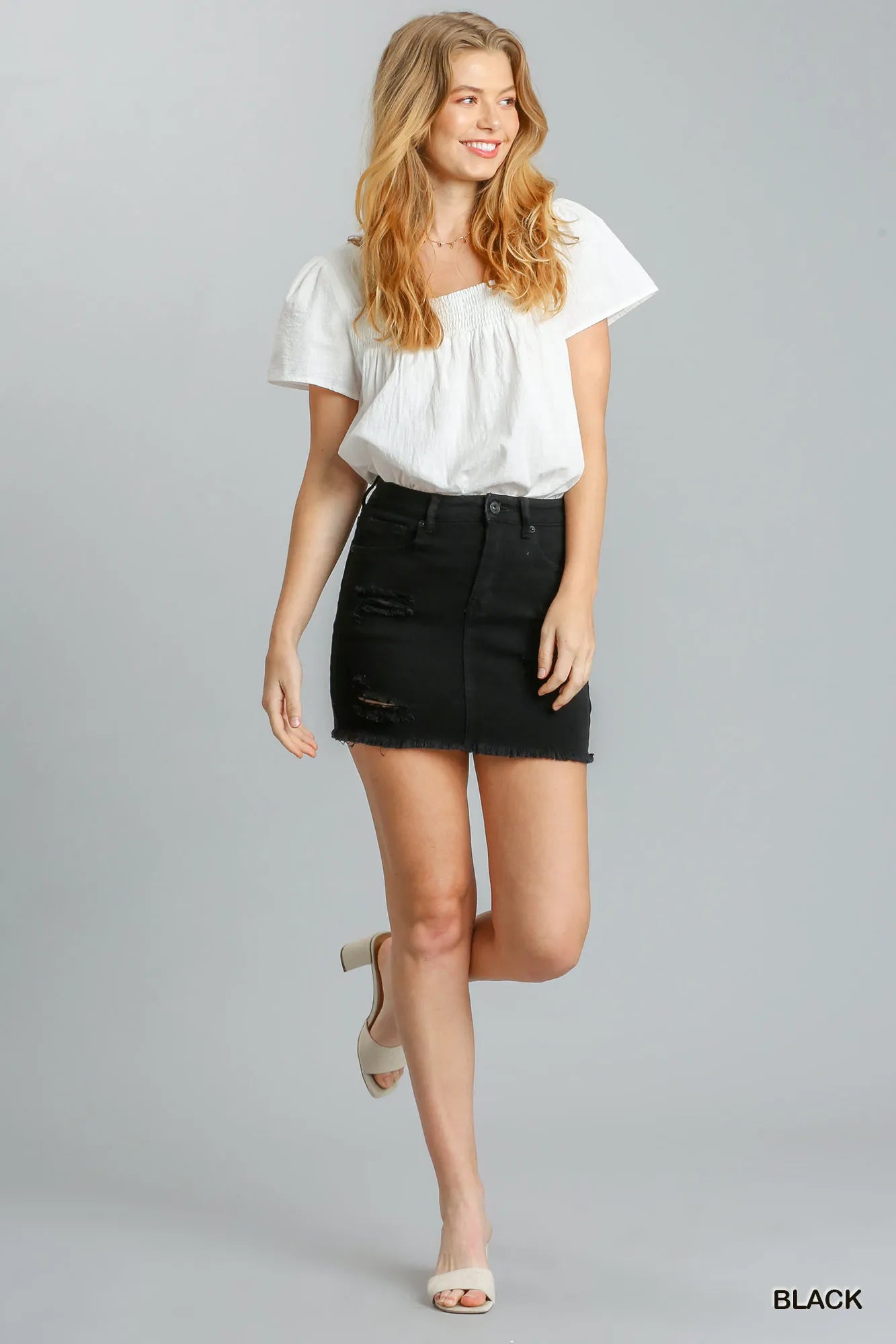 Umgee Distressed Raw Hem High Waist Denim Skirt - Fashorio
