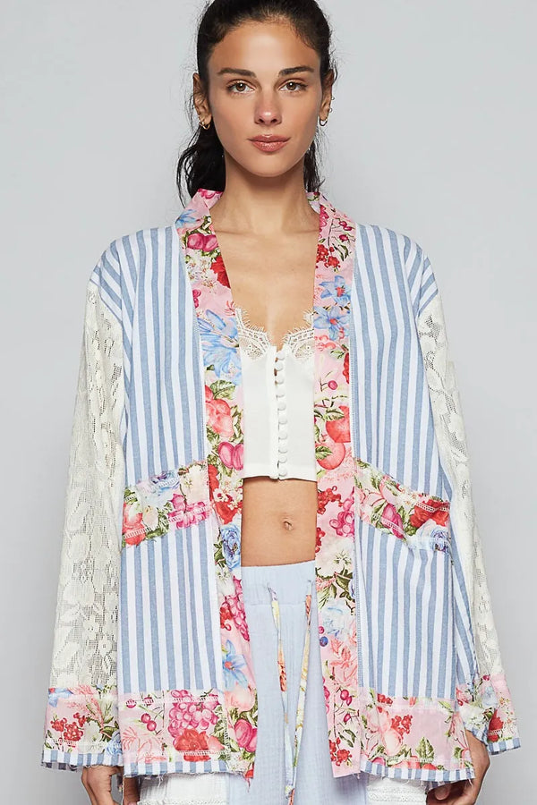 POL Lace Long Sleeve Striped Cardigan with Floral Patchwork Detail Light Blue - Fashorio