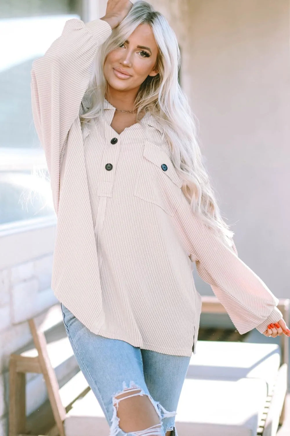 Collared Neck Half Button Long Sleeve Blouse - Fashorio