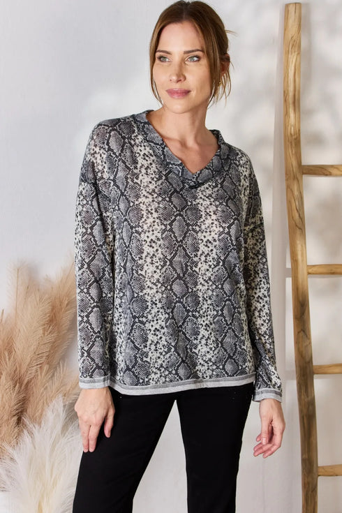 Hailey & Co Full Size Snakeskin V-Neck Long Sleeve Top - Fashorio