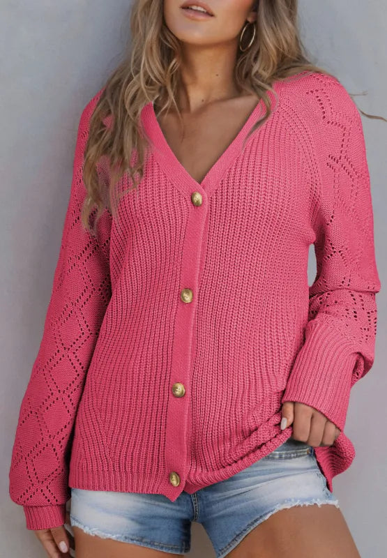 Openwork V-Neck Button Up Cardigan - Fashorio
