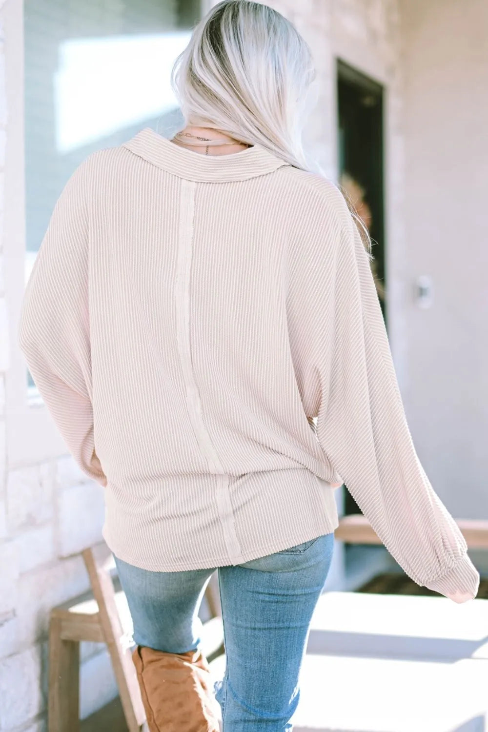 Collared Neck Half Button Long Sleeve Blouse - Fashorio